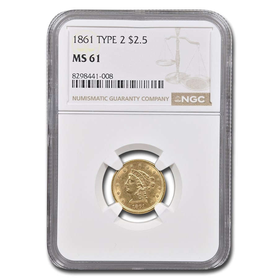 1861 $2.50 Liberty Gold Quarter Eagle Type 2 MS-61 NGC