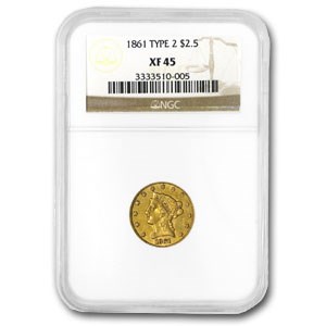 1861 $2.50 Liberty Gold Quarter Eagle Type 2 Rev EF-45 NGC 1861 $2.50 Liberty Gold Quarter Eagle Type 2 Rev EF-45 NGC
