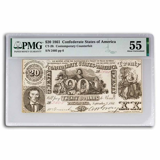 1861 $20 (CT-20) Navigation & Beehive AU-55 PMG Counterfeit