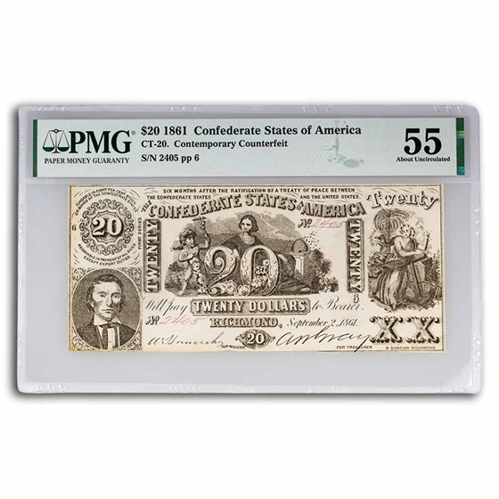 1861 $20 (CT-20) Navigation & Beehive AU-55 PMG Counterfeit 1861 $20 (CT-20) Navigation & Beehive AU-55 PMG Counterfeit