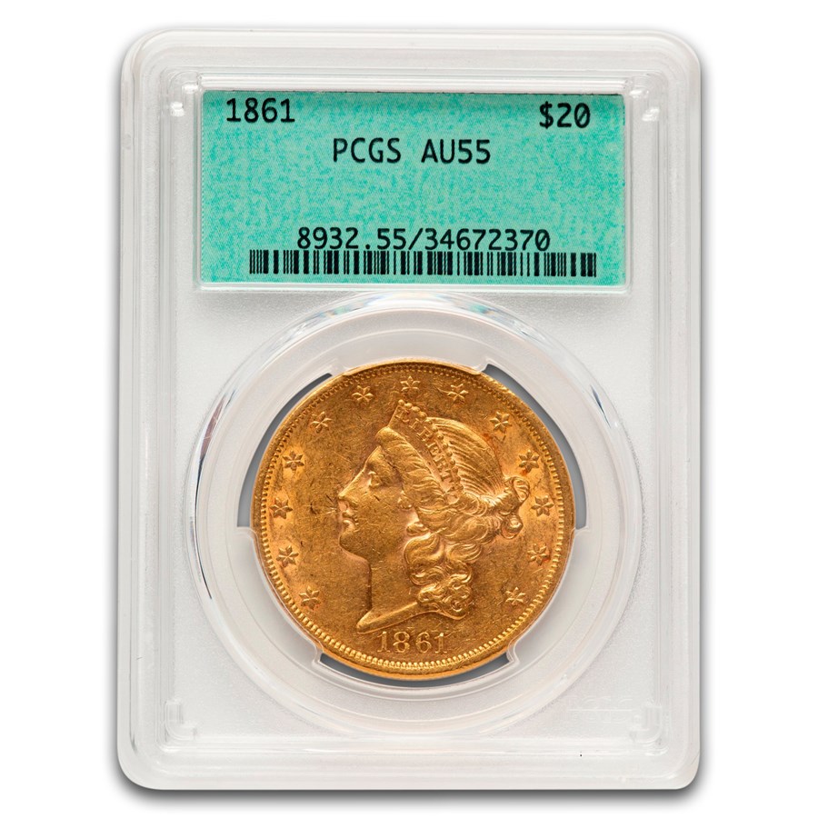 1861 $20 Liberty Gold Double Eagle AU-55 PCGS
