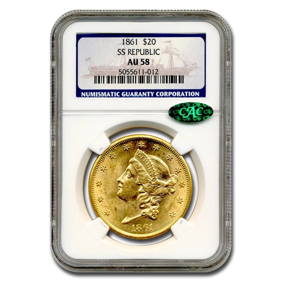 1861 $20 Liberty Gold Double Eagle AU-58 NGC CAC (SS Republic) 1861 $20 Liberty Gold Double Eagle AU-58 NGC CAC (SS Republic)