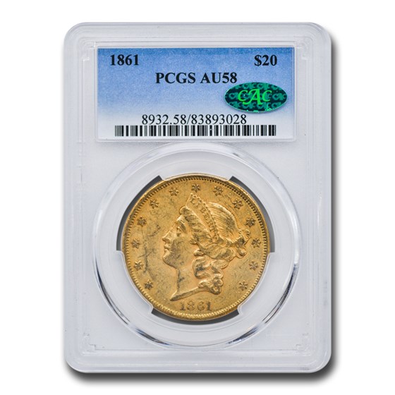 1861 $20 Liberty Gold Double Eagle AU-58 PCGS CAC