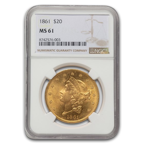 1861 $20 Liberty Gold Double Eagle MS-61 NGC
