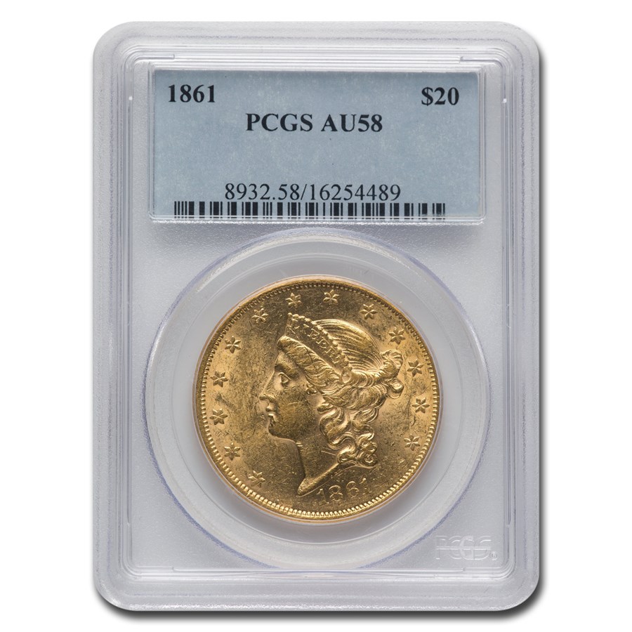 1861 $20 Liberty Gold Double Eagle AU-58 PCGS