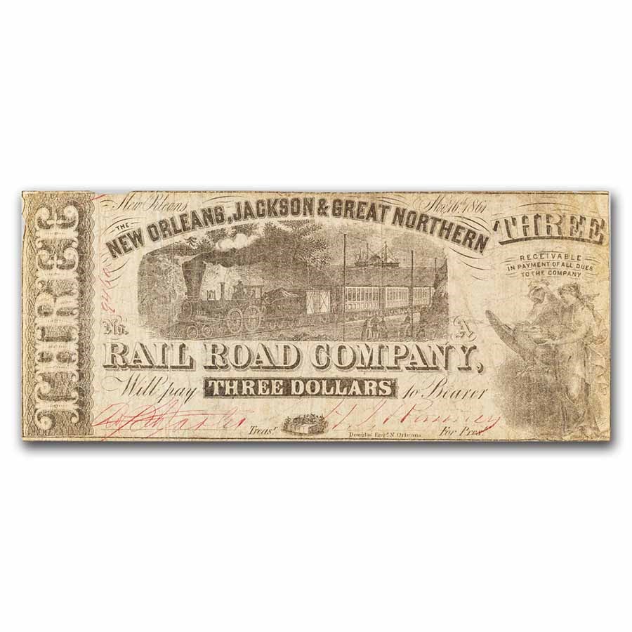 1861 $3 New Orleans, Jackson & Great Nothern RR Co. Fine