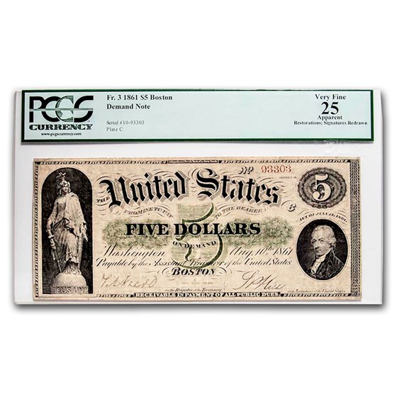 1861 $5.00 Demand Note Boston VF-25 PCGS (Fr#3)