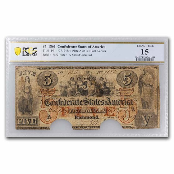 1861 $5.00 (T-31) Five Females Allegory Ch F-15 PCGS (Cancelled)