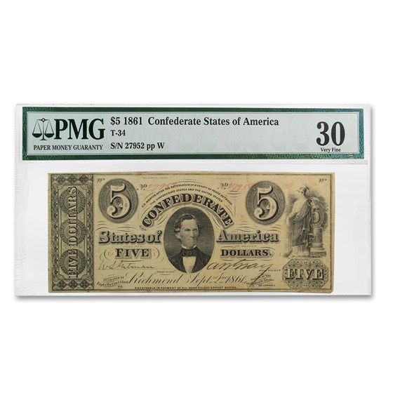1861 $5.00 (T-34) C. G. Memminger VF-30 PMG 1861 $5.00 (T-34) C. G. Memminger VF-30 PMG