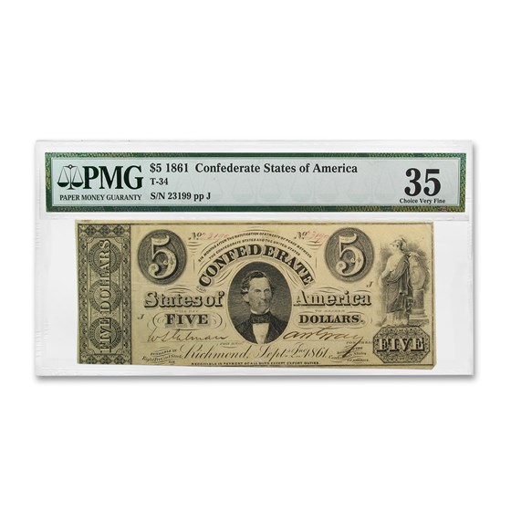 1861 $5.00 (T-34) C. G. Memminger VF-35 PMG 1861 $5.00 (T-34) C. G. Memminger VF-35 PMG