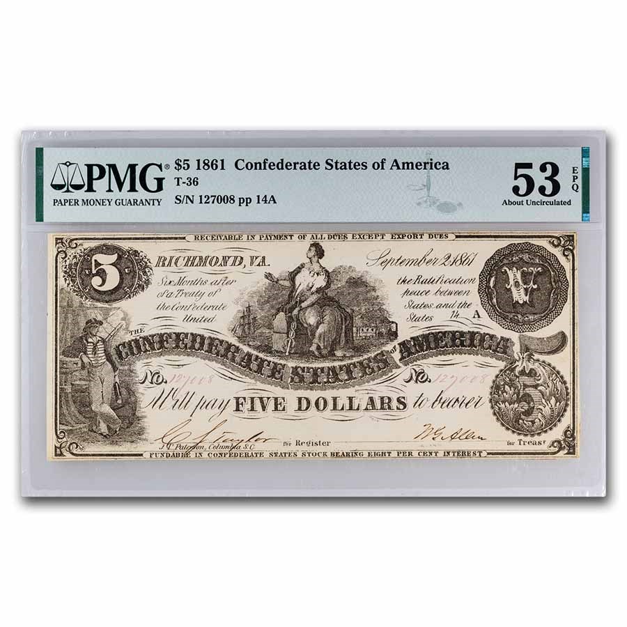 1861 $5.00 (T-36) Ceres on Cotton AU-53 PMG