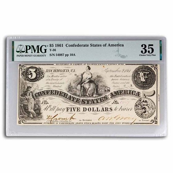 1861 $5.00 (T-36) Ceres on Cotton VF-35 PMG 1861 $5.00 (T-36) Ceres on Cotton VF-35 PMG