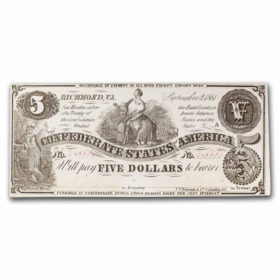 1861 $5.00 (T-36) Ceres on Cotton XF Cancelled 1861 $5.00 (T-36) Ceres on Cotton XF Cancelled