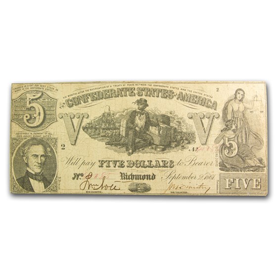 1861 $5.00 (T-37) Sailor on Cotton VF (Cancelled) 1861 $5.00 (T-37) Sailor on Cotton VF (Cancelled)