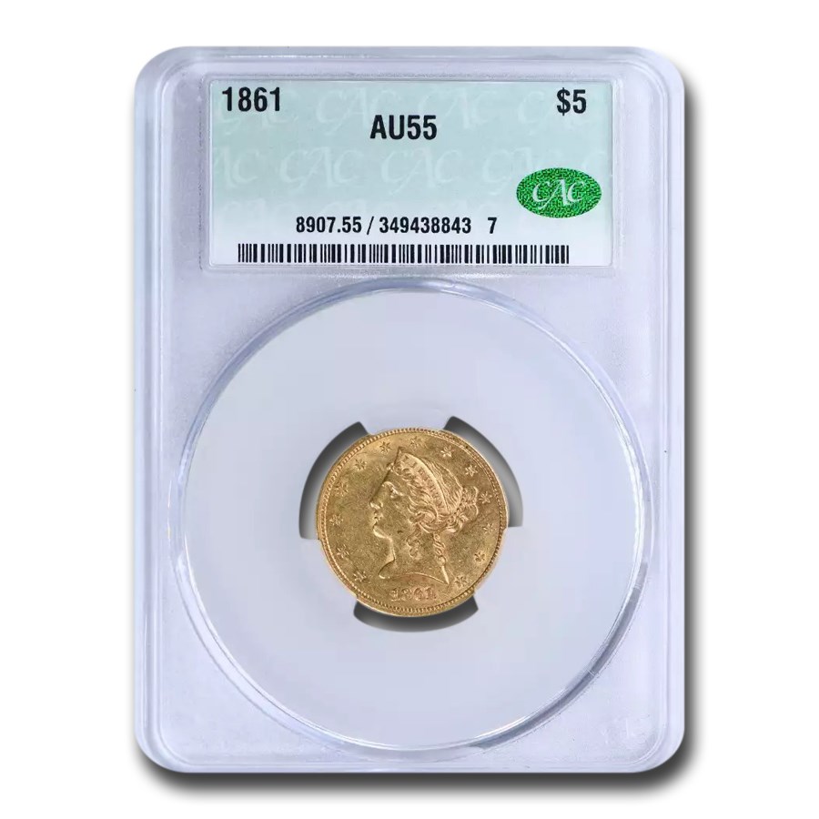 1861 $5 Liberty Gold Half Eagle AU-55 CACG