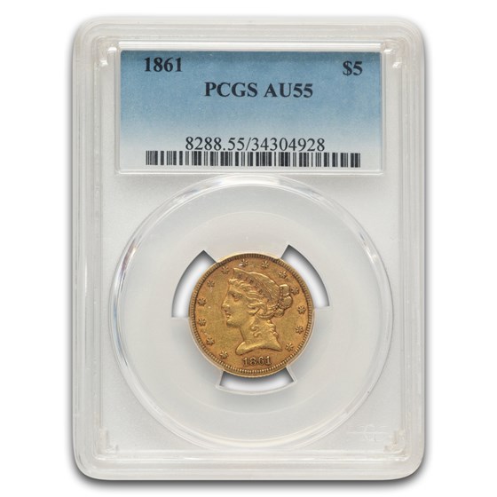 1861 $5 Liberty Gold Half Eagle AU-55 PCGS