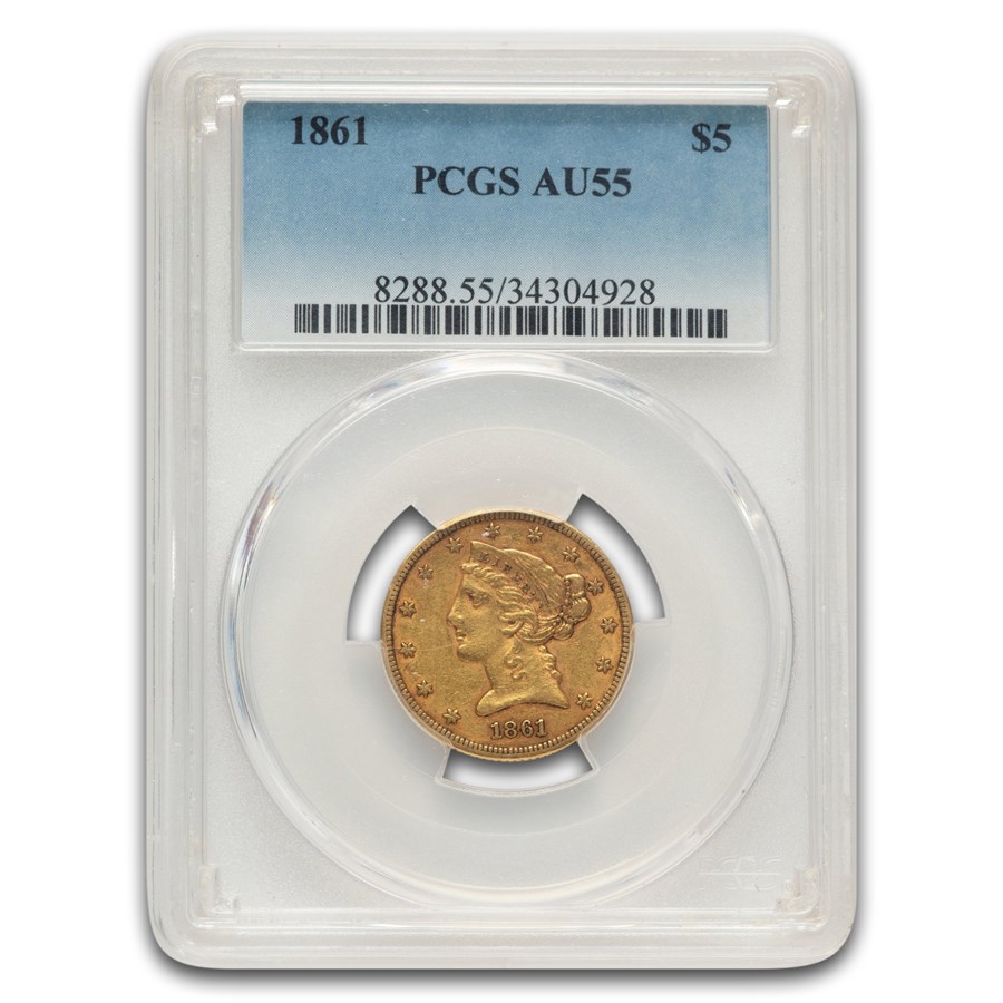 1861 $5 Liberty Gold Half Eagle AU-55 PCGS