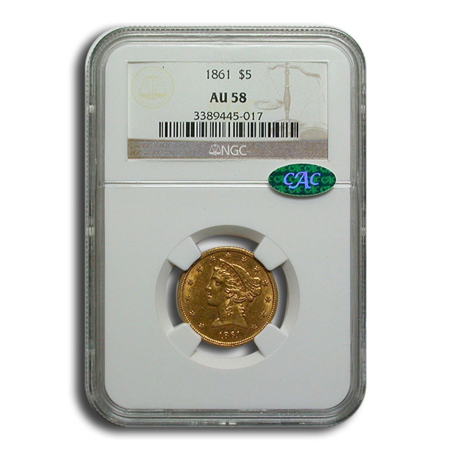 1861 $5 Liberty Gold Half Eagle AU-58 NGC CAC