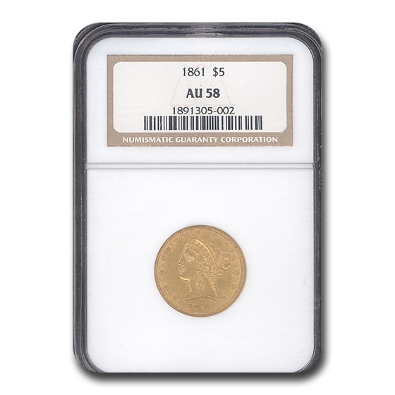 1861 $5 Liberty Gold Half Eagle AU-58 NGC 1861 $5 Liberty Gold Half Eagle AU-58 NGC