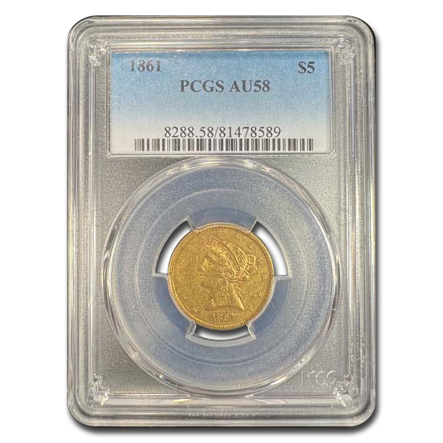 1861 $5 Liberty Gold Half Eagle AU-58 PCGS