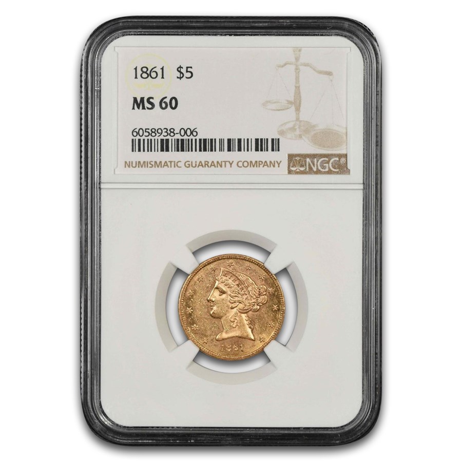1861 $5 Liberty Gold Half Eagle MS-60 NGC