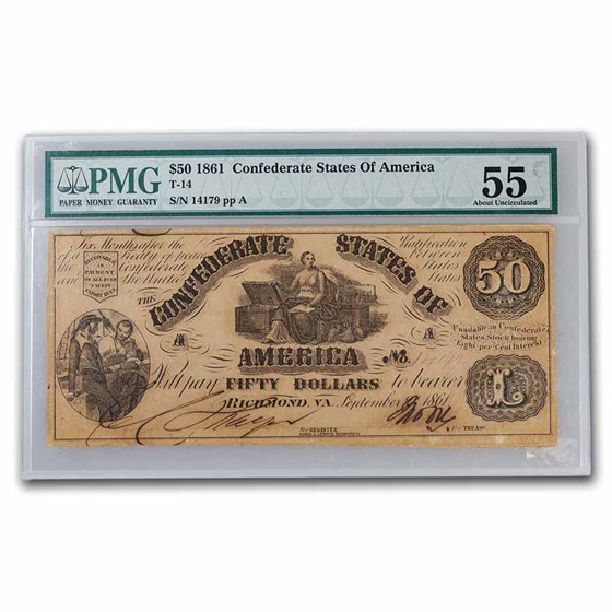 1861 $50 (T-14) Moneta & Treasure Chests AU-55 PMG 1861 $50 (T-14) Moneta & Treasure Chests AU-55 PMG