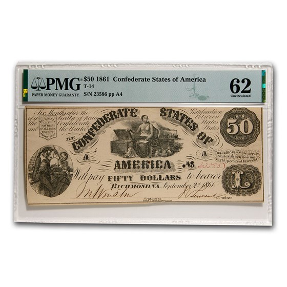 1861 $50 (T-14) Moneta & Treasure Chests CU-62 PMG 1861 $50 (T-14) Moneta & Treasure Chests CU-62 PMG