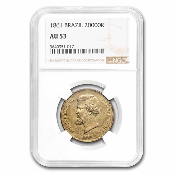 1861 Brazil Gold 20,000 Reis Pedro II AU-53 NGC 1861 Brazil Gold 20,000 Reis Pedro II AU-53 NGC