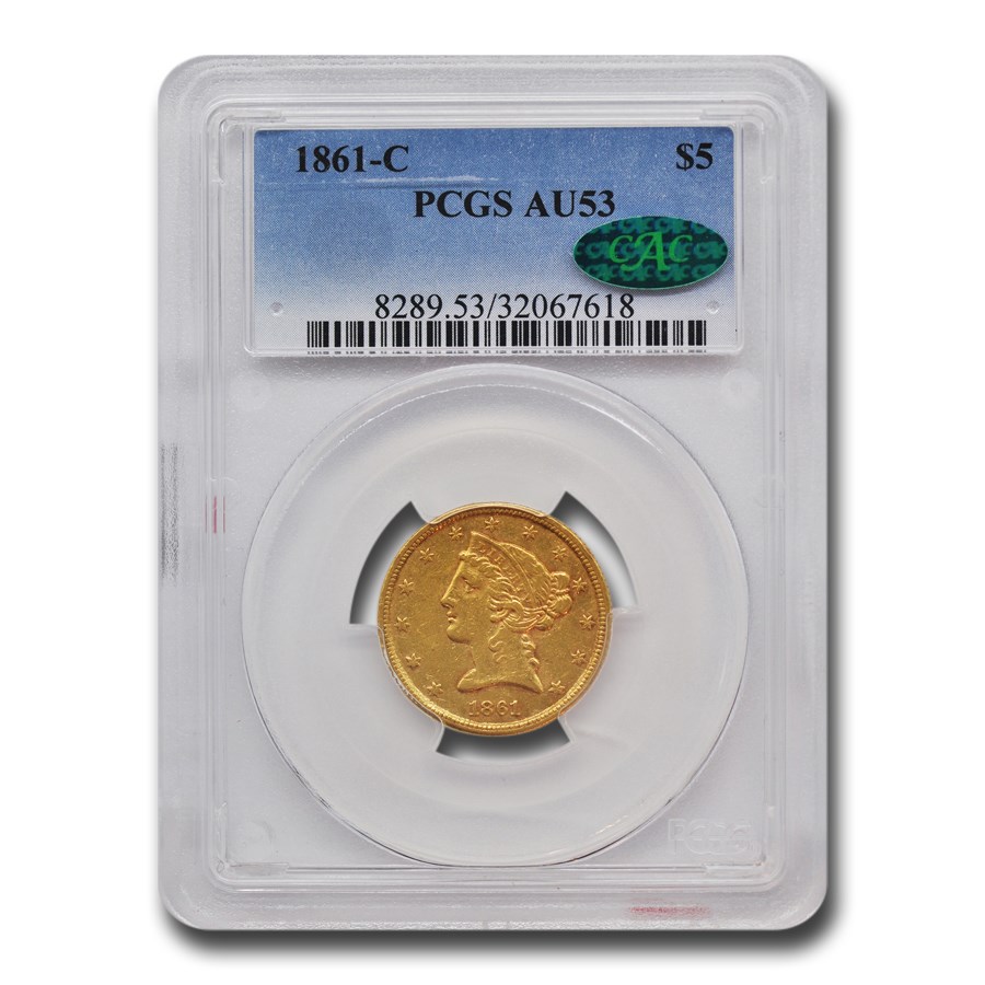 1861-C $5 Liberty Gold Half Eagle AU-53 PCGS CAC