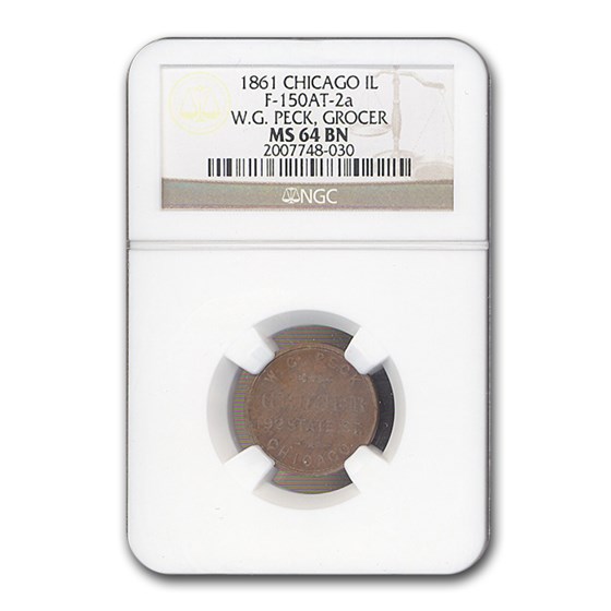 1861 Chicago IL W.G. Peck Grocer Civil War Token MS-64 NGC (BN) 1861 Chicago IL W.G. Peck Grocer Civil War Token MS-64 NGC (BN)
