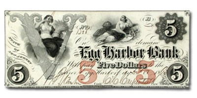 1861 Egg Harbor Bank, NJ $5.00 Note NJ-115 AU 1861 Egg Harbor Bank, NJ $5.00 Note NJ-115 AU