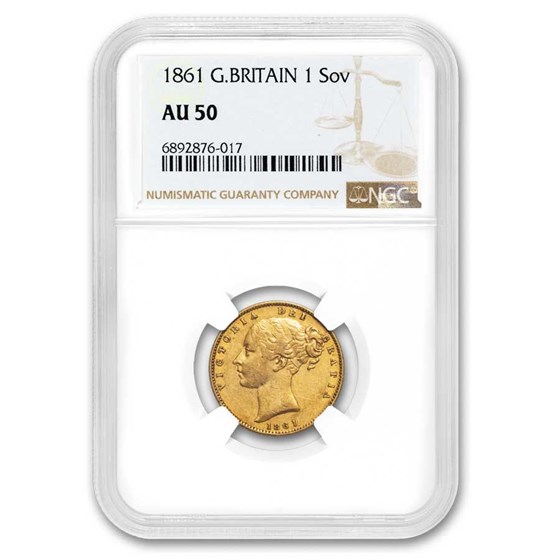 1861 Great Britain Gold Sovereign Victoria Shield AU-50 NGC 1861 Great Britain Gold Sovereign Victoria Shield AU-50 NGC