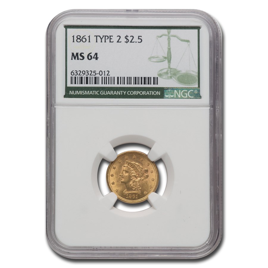 1861 Liberty Gold Quarter Eagle Type 2 MS-64 NGC (Green Label)