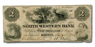 1861 North Western Bank ,Warren, PA $2.00 PA-670, Fine UNLISTED 1861 North Western Bank ,Warren, PA $2.00 PA-670, Fine UNLISTED