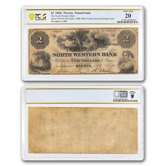 1861 North Western Bank, Warren, PA $2 PA-670 VF-20 PCGS
