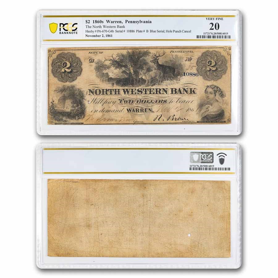 1861 North Western Bank, Warren, PA $2 PA-670 VF-20 PCGS