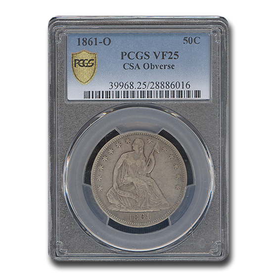 1861-O Liberty Seated Half Dollar VF-25 PCGS (CSA Obverse) 1861-O Liberty Seated Half Dollar VF-25 PCGS (CSA Obverse)
