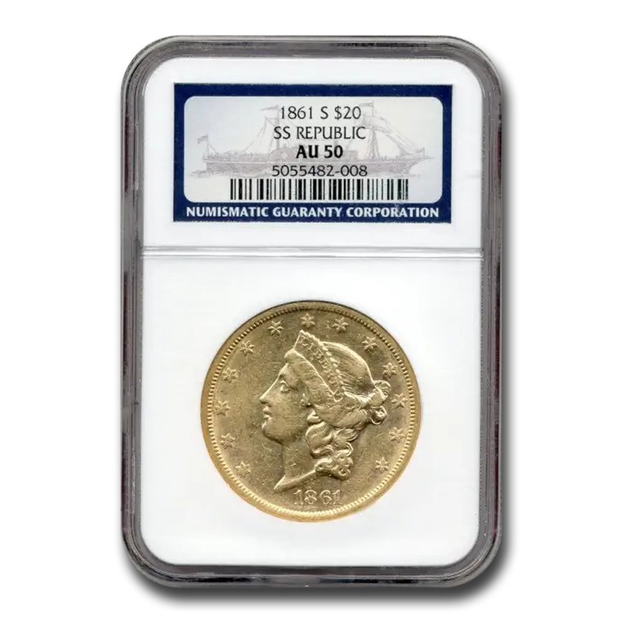 1861-S $20 Liberty Gold Double Eagle AU-50 NGC (SS Republic)