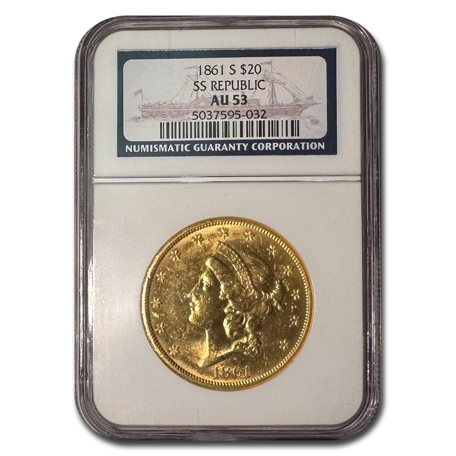 1861-S $20 Liberty Gold Double Eagle AU-53 NGC (SS Republic)