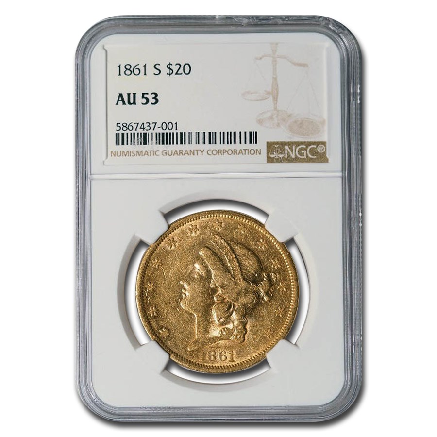1861-S $20 Liberty Gold Double Eagle AU-53 NGC