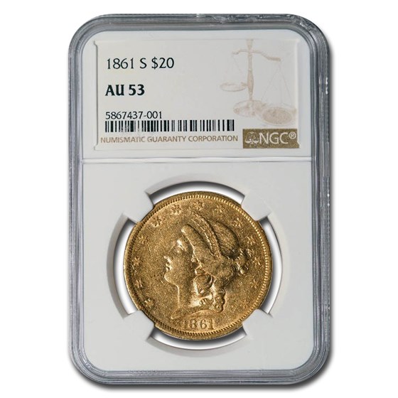 1861-S $20 Liberty Gold Double Eagle AU-53 NGC 1861-S $20 Liberty Gold Double Eagle AU-53 NGC