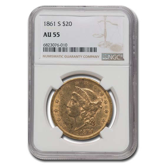 1861-S $20 Liberty Gold Double Eagle AU-55 NGC 1861-S $20 Liberty Gold Double Eagle AU-55 NGC