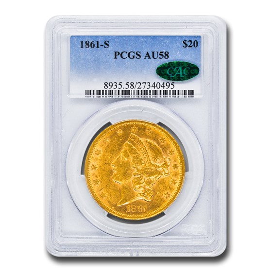 1861-S $20 Liberty Gold Double Eagle AU-58 PCGS CAC 1861-S $20 Liberty Gold Double Eagle AU-58 PCGS CAC