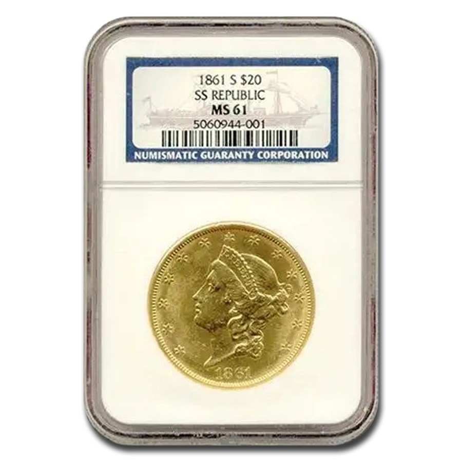 1861-S $20 Liberty Gold Double Eagle MS-61 NGC (SS Republic)