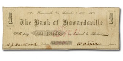 1861 The Bank of Howardsville, VA $1.00 VA-105 Fine 1861 The Bank of Howardsville, VA $1.00 VA-105 Fine