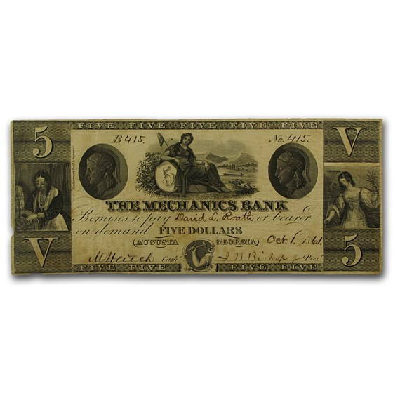 1861 The Mechanics Bank of Augusta, GA $5.00 VF 1861 The Mechanics Bank of Augusta, GA $5.00 VF