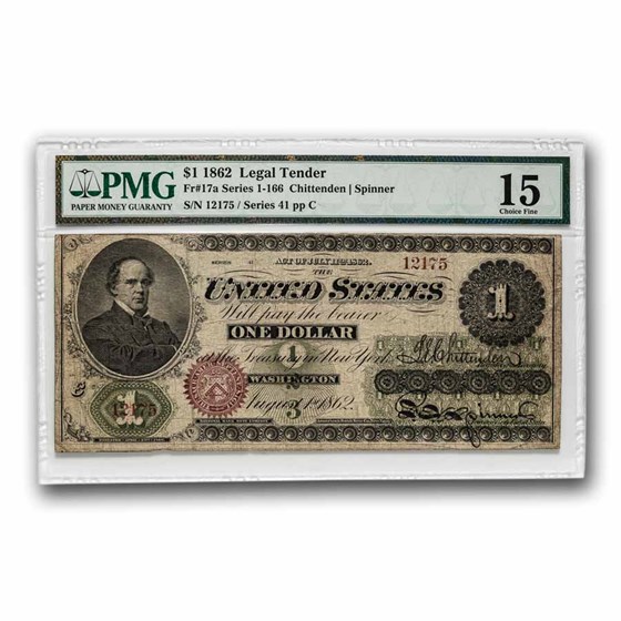 1862 $1.00 Legal Tender Salmon P. Chase Choice F-15 PMG (Fr#17A) 1862 $1.00 Legal Tender Salmon P. Chase Choice F-15 PMG (Fr#17A)