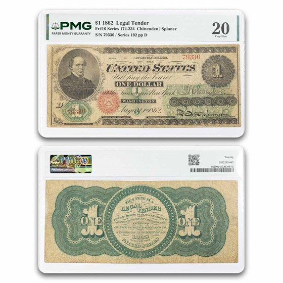 1862 $1.00 Legal Tender Salmon P. Chase VF-20 PMG (Fr#16)