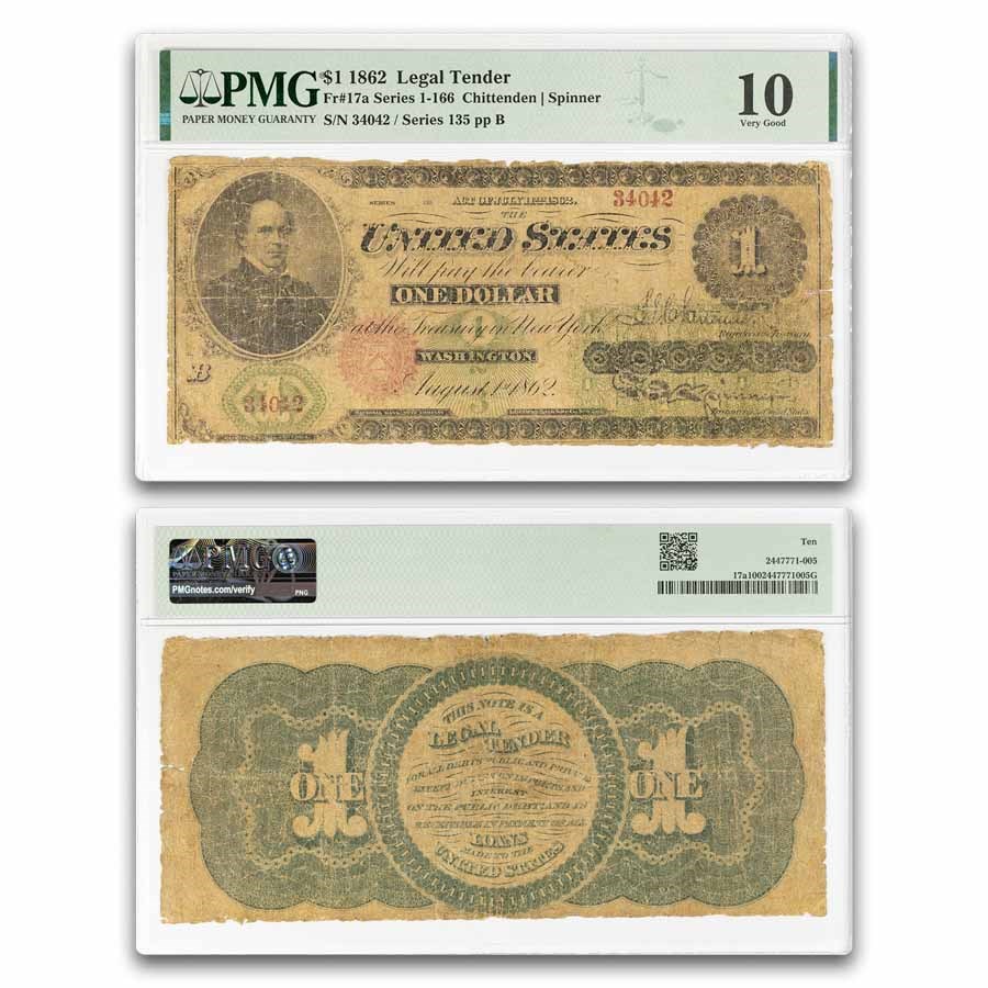 1862 $1.00 Legal Tender Salmon P. Chase VG-10 PMG (Fr#17A)