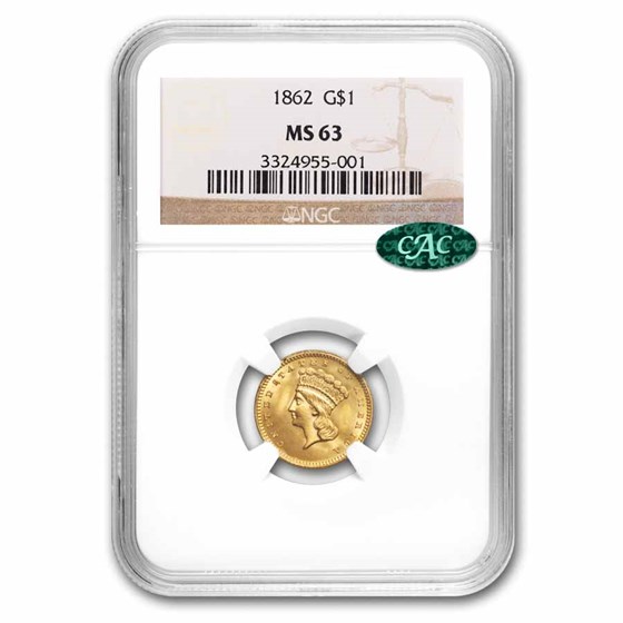 1862 $1 Indian Head Gold MS-63 NGC CAC 1862 $1 Indian Head Gold MS-63 NGC CAC